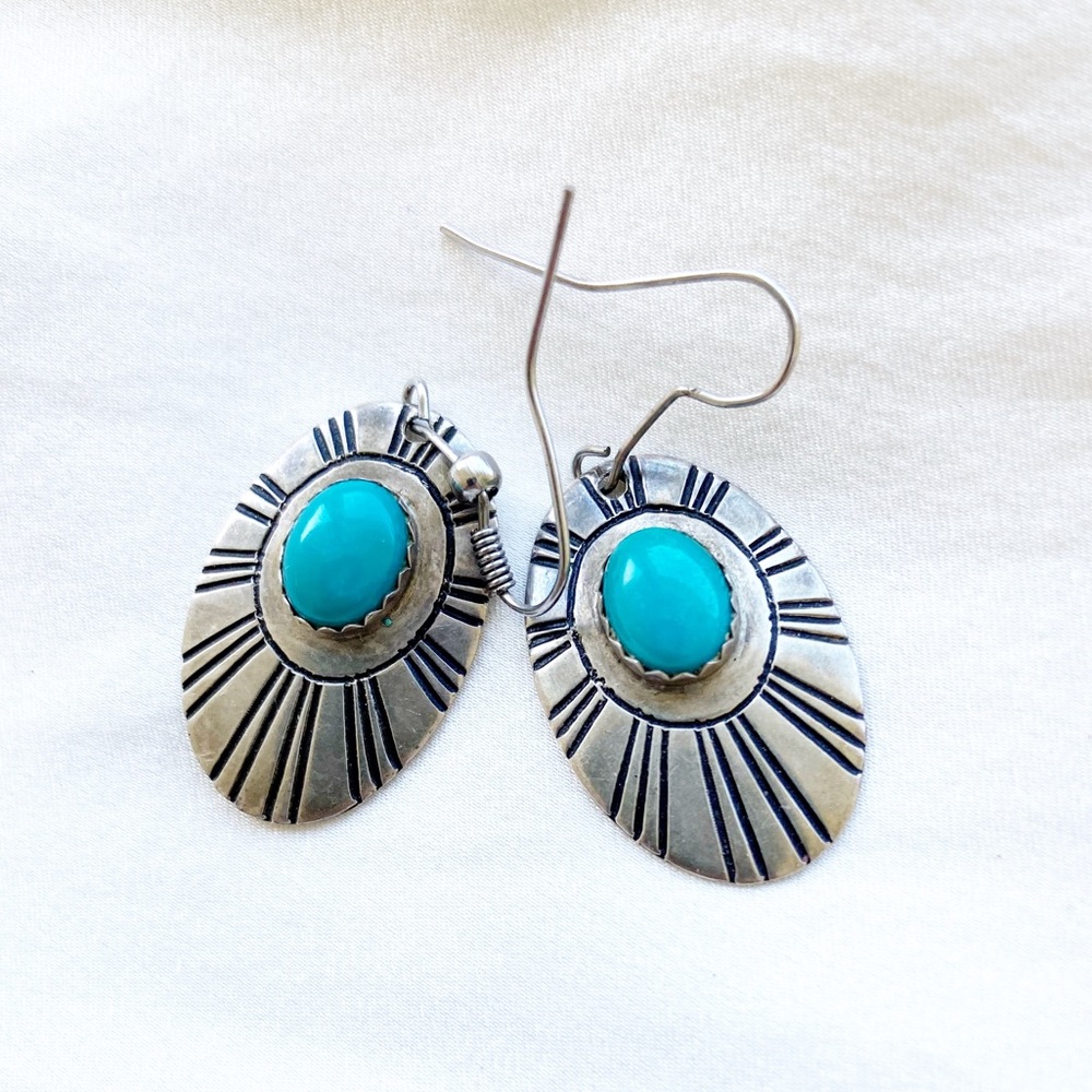 Thomas Singer Navajo Sterling Silver Turquoise Earrings Sunburst Oval